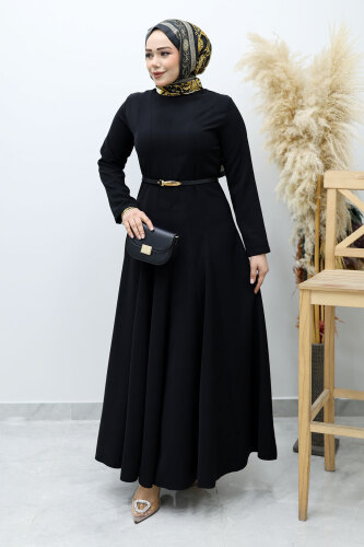 Hakim Yaka Pensli Kemerli Elbise TSD260151 Siyah 