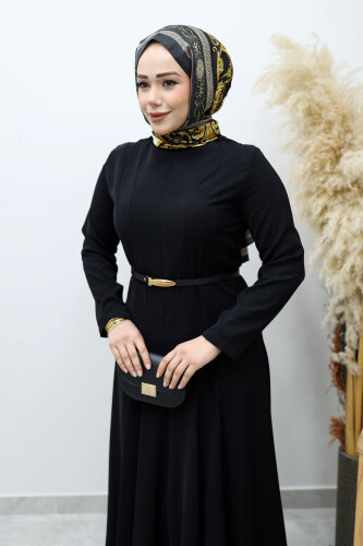 Hakim Yaka Pensli Kemerli Elbise TSD260151 Siyah - 2