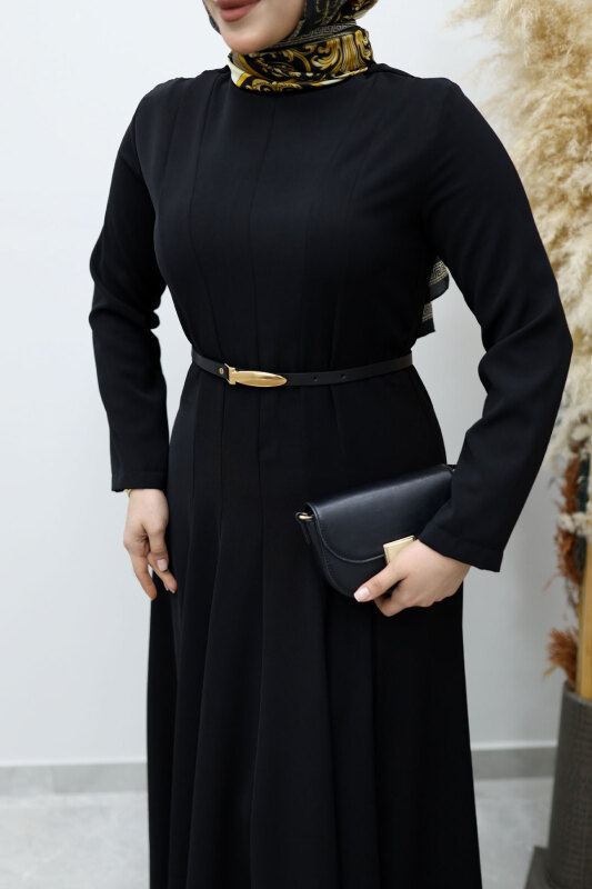 Hakim Yaka Pensli Kemerli Elbise TSD260151 Siyah - 4