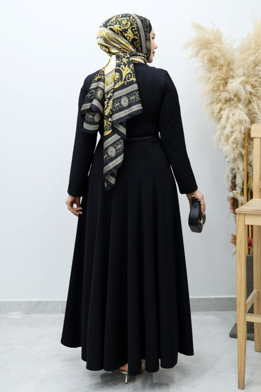 Hakim Yaka Pensli Kemerli Elbise TSD260151 Siyah - 6