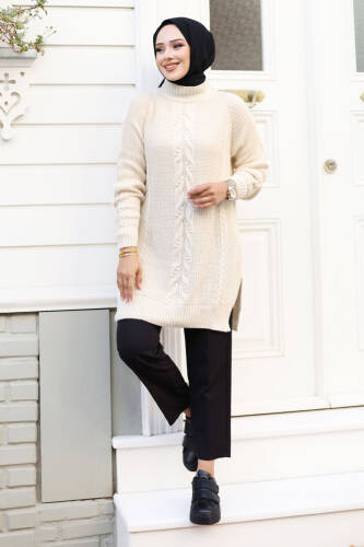 Hakim Yaka Saç Örgü Desenli Triko Tunik TSD240801 Bej - Tesettür Dünyası