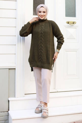 Hakim Yaka Saç Örgü Desenli Triko Tunik TSD240801 Haki - Tesettür Dünyası