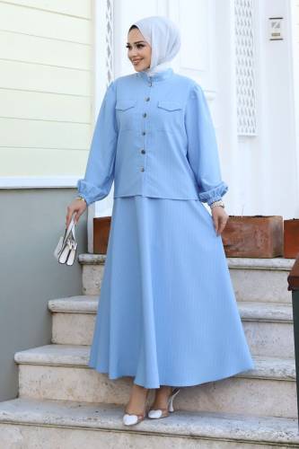 Hira Çizgili Etekli Takım TSD231203 Bebe Mavisi - Tesettür Dünyası