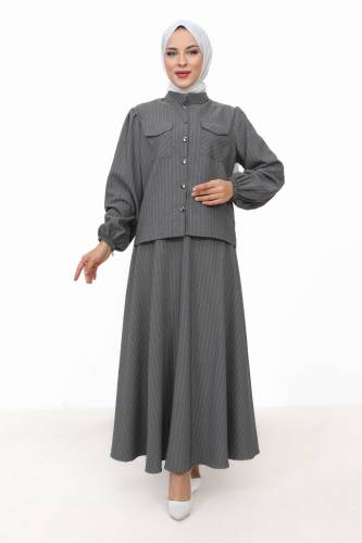 Hira Çizgili Etekli Takım TSD231203 Gri 