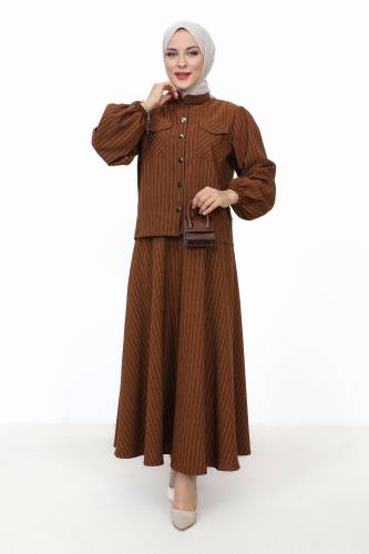 Hira Çizgili Etekli Takım TSD231203 Kahverengi 