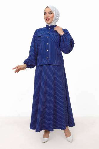 Hira Çizgili Etekli Takım TSD231203 Saks Mavisi - 3