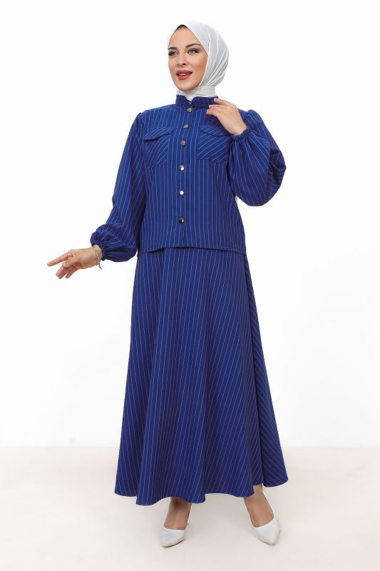 Hira Çizgili Etekli Takım TSD231203 Saks Mavisi - 3