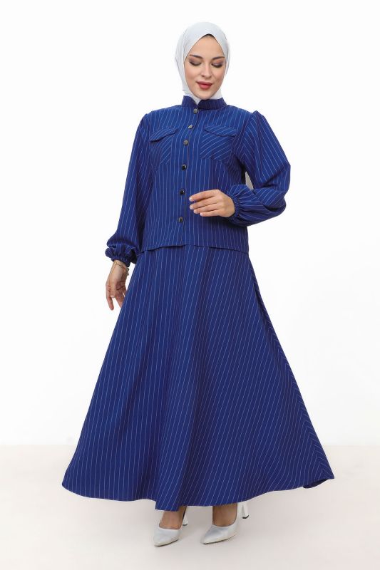 Hira Çizgili Etekli Takım TSD231203 Saks Mavisi - 4