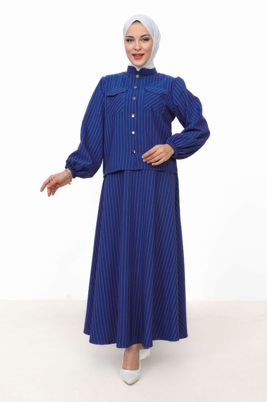Hira Çizgili Etekli Takım TSD231203 Saks Mavisi - 1