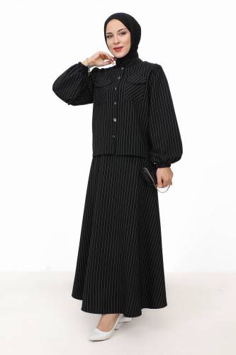 Hira Çizgili Etekli Takım TSD231203 Siyah 