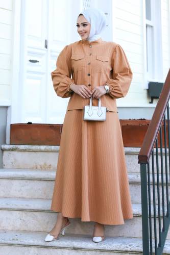 Hira Çizgili Etekli Takım TSD231203 Taba 