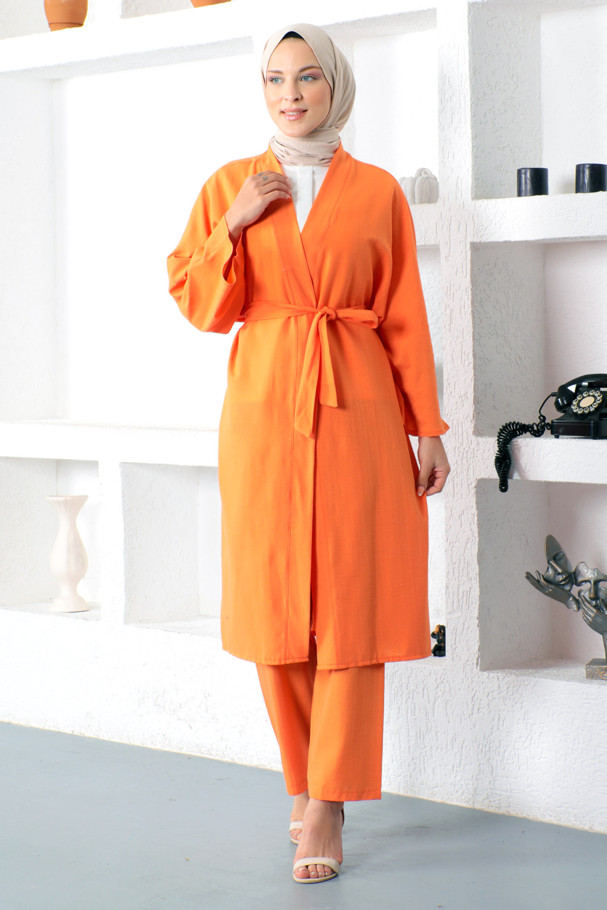 Tesettür Dünyası - İkili Kimono Takım TSD230106 Turuncu