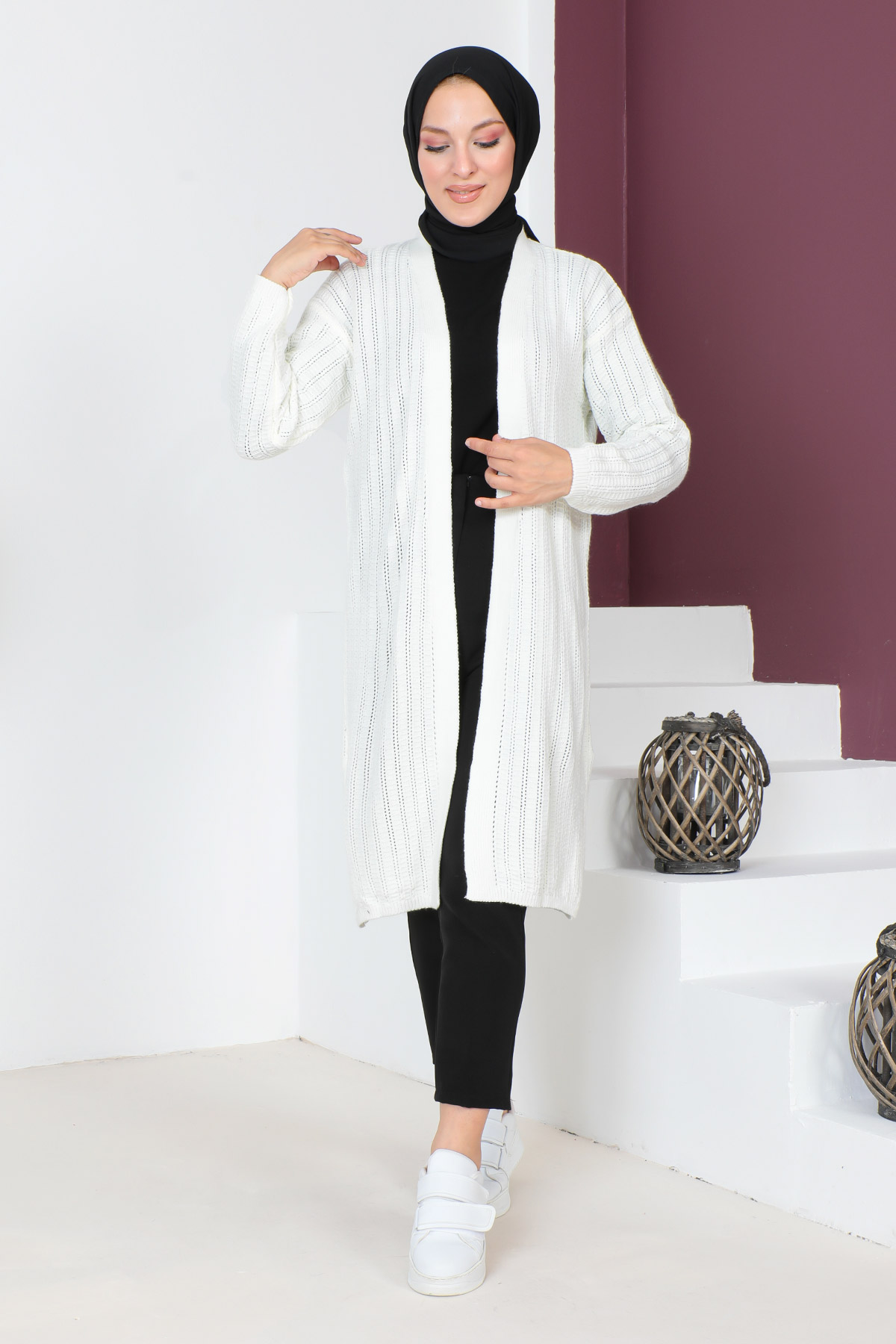 Tesettür Dünyası - İnce Delikli Triko Hırka TSD230721 Ekru