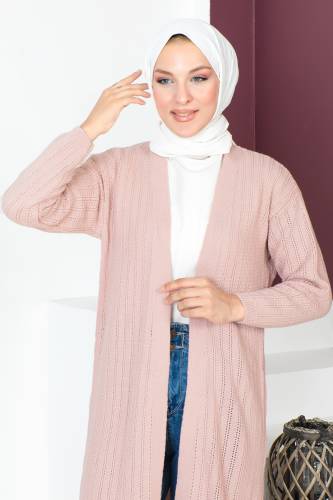 İnce Delikli Triko Hırka TSD230721 Pudra - Tesettür Dünyası (1)