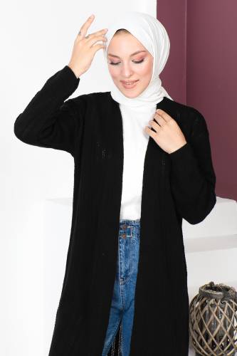 İnce Delikli Triko Hırka TSD230721 Siyah - Tesettür Dünyası (1)