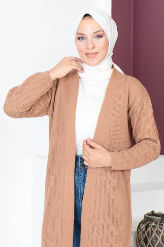 İnce Delikli Triko Hırka TSD230721 Vizon - Tesettür Dünyası (1)