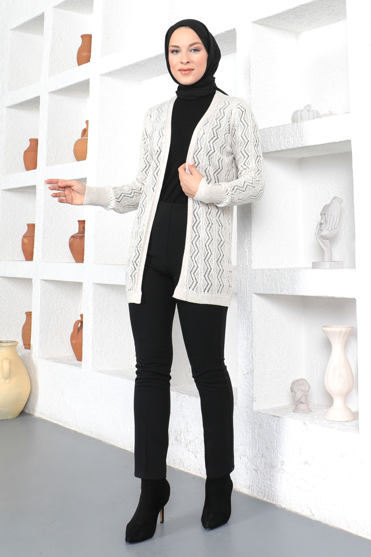 Tesettür Dünyası - İnce Triko Hırka TSD230353 Bej