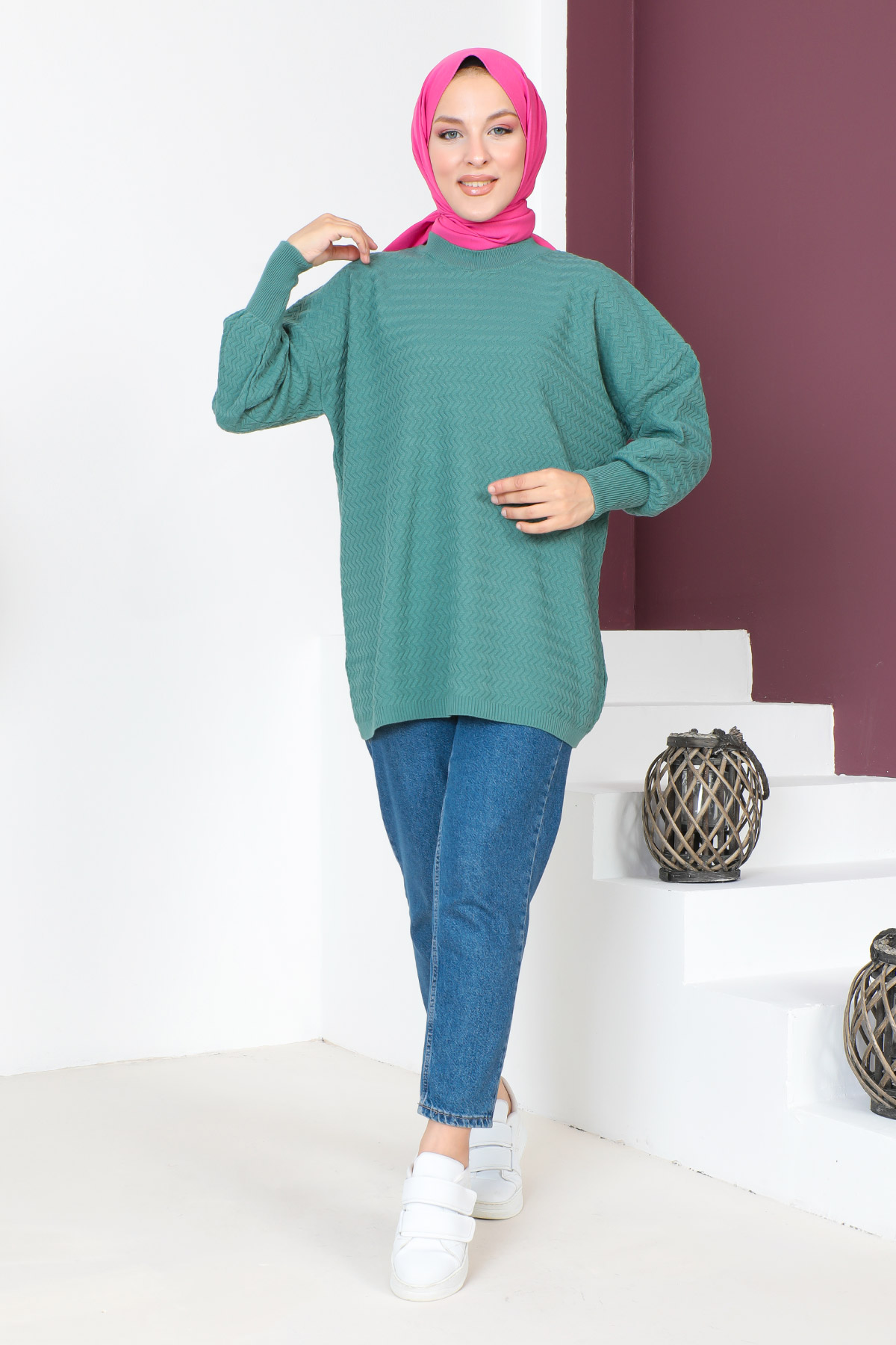 Tesettür Dünyası - İnce Zikzak Desenli Triko Tunik TSD230719 Mint Yeşili