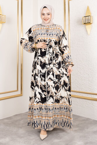 Sera Desenli Viskon Elbise TSD250138 Bej - Tesettür Dünyası