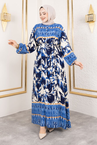Sera Desenli Viskon Elbise TSD250138 İndigo - Tesettür Dünyası
