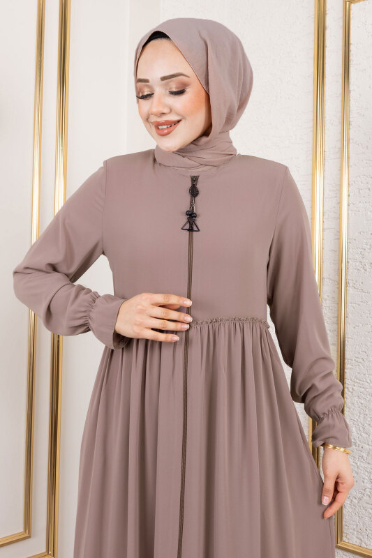 Volanlı Fırfır Detaylı Ferace TSD250127 Vizon - Tesettür Dünyası (1)