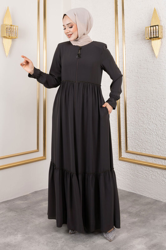 Volanlı Fırfır Detaylı Ferace TSD250127 Antrasit - Tesettür Dünyası (1)