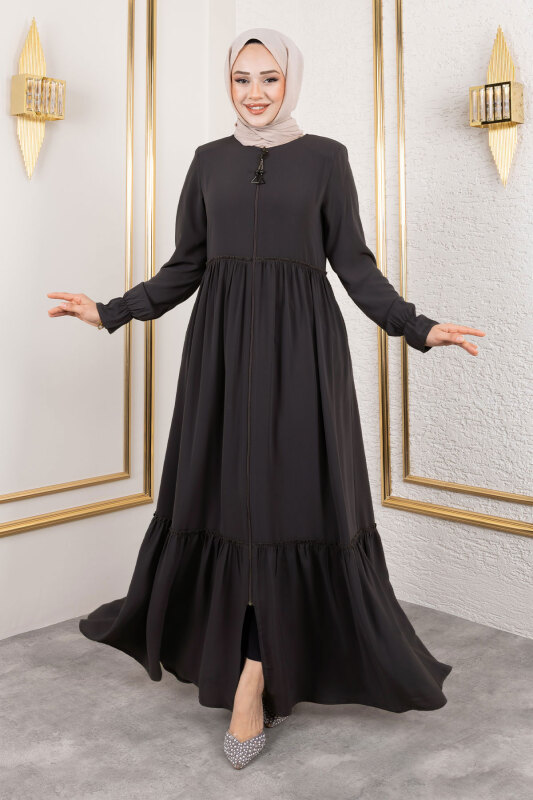 Volanlı Fırfır Detaylı Ferace TSD250127 Antrasit - Tesettür Dünyası