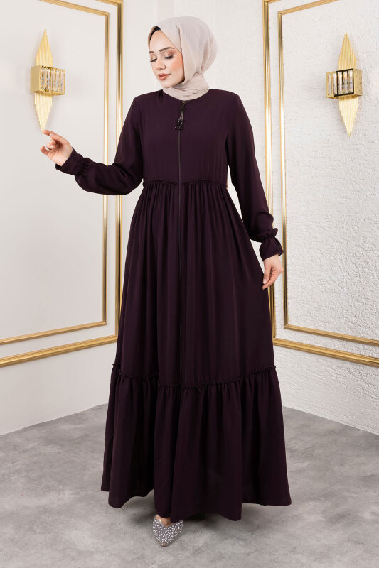 Volanlı Fırfır Detaylı Ferace TSD250127 Mürdüm - Tesettür Dünyası