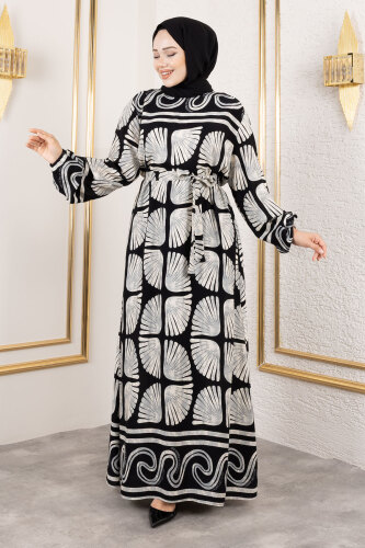 İstiridye Desenli Viskon Elbise TSD250212 Gri - Tesettür Dünyası