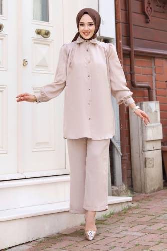 Jakarlı Boydan Düğmeli İkili Takım TSD240404 Bej 