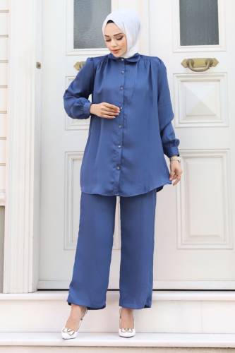 Jakarlı Boydan Düğmeli İkili Takım TSD240404 İndigo 