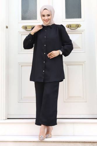 Jakarlı Boydan Düğmeli İkili Takım TSD240404 Siyah 