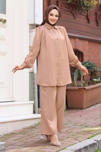 Jakarlı Boydan Düğmeli İkili Takım TSD240404 Vizon - 1