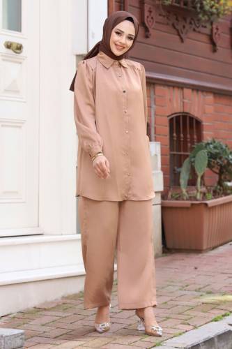 Jakarlı Boydan Düğmeli İkili Takım TSD240404 Vizon - 4