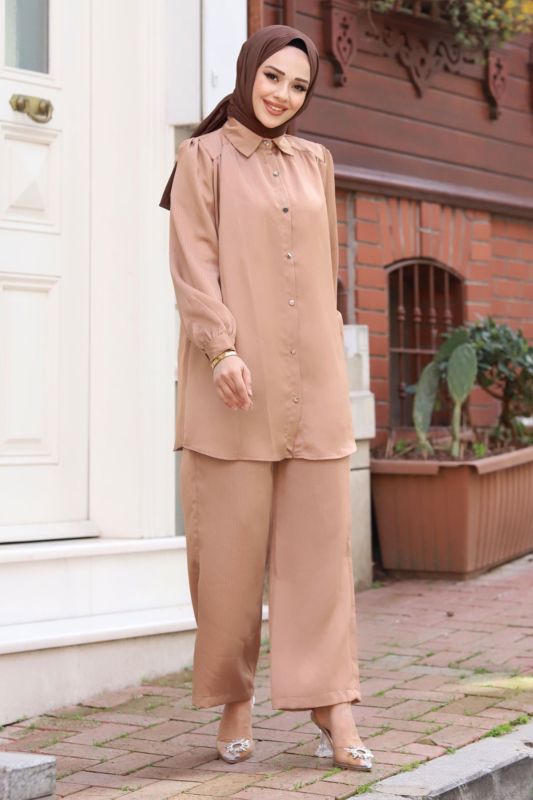 Jakarlı Boydan Düğmeli İkili Takım TSD240404 Vizon - 4