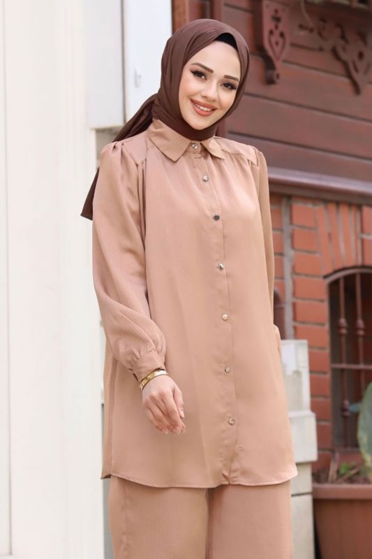 Jakarlı Boydan Düğmeli İkili Takım TSD240404 Vizon - 2