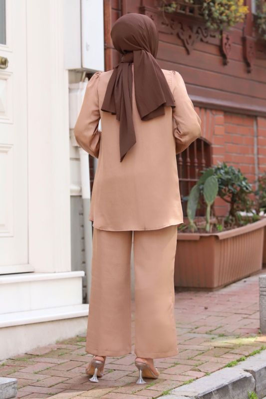 Jakarlı Boydan Düğmeli İkili Takım TSD240404 Vizon - 5