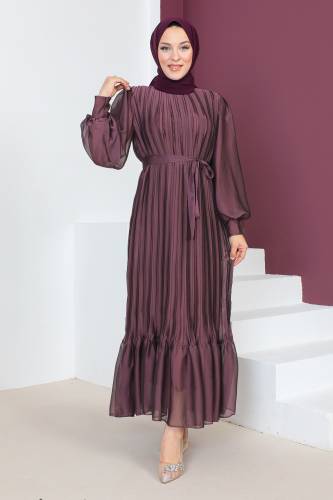 Piliseli Janjan Şifon Elbise TSD230631 Gül Kurusu 