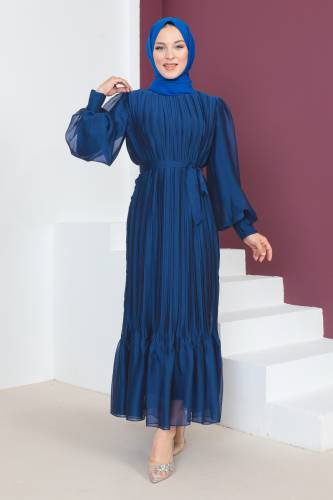 Piliseli Janjan Şifon Elbise TSD230631 Lacivert 