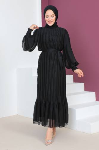 Piliseli Janjan Şifon Elbise TSD230631 Siyah 