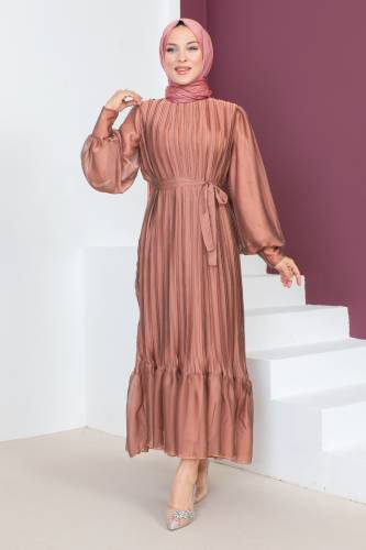 Piliseli Janjan Şifon Elbise TSD230631 Somon 