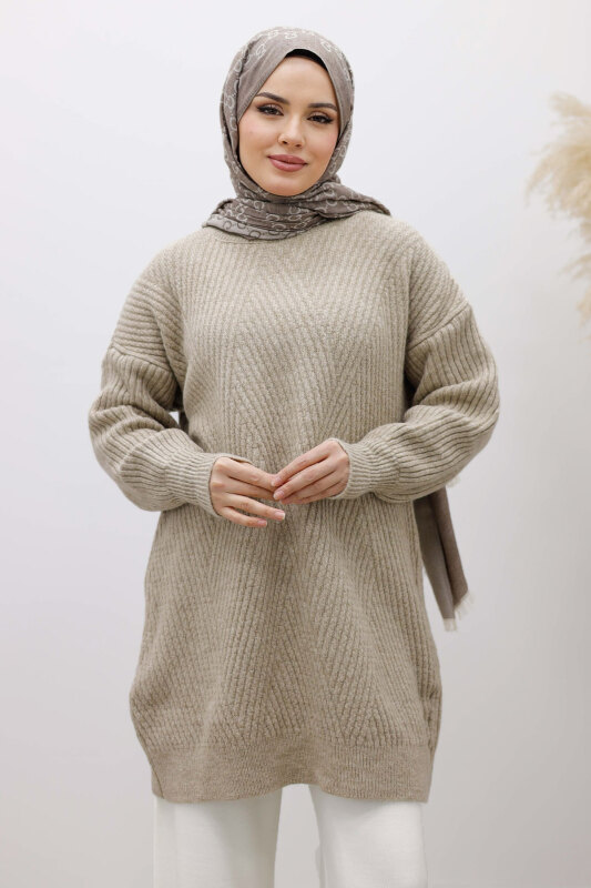 Kabartma Desen Triko Tunik TSD260110 Vizon - Tesettür Dünyası (1)