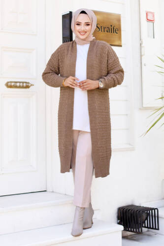 Kabartma Desenli Uzun Triko Hırka TSD240806 Kahverengi - Tesettür Dünyası