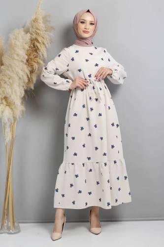 Kaktüs Desenli Elbise TSD220644 İndigo - Tesettür Dünyası