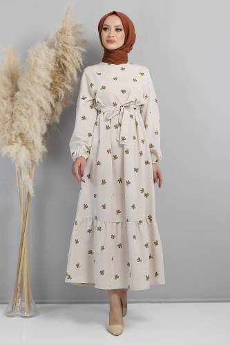 Kaktüs Desenli Elbise TSD220644 Kahverengi 