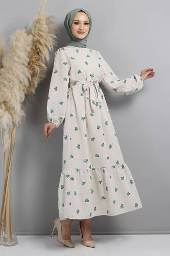 Kaktüs Desenli Elbise TSD220644 Yeşil 