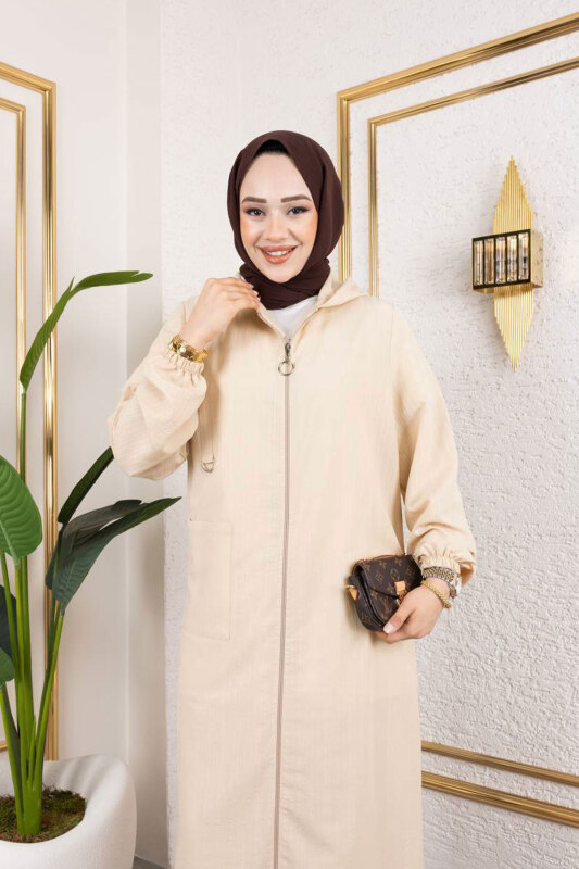 Kapüşonlu Boydan Fermuarlı Takım TSD250167 Bej - Tesettür Dünyası (1)