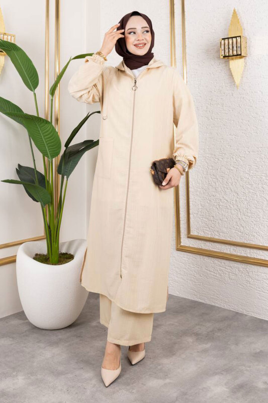 Kapüşonlu Boydan Fermuarlı Takım TSD250167 Bej - Tesettür Dünyası