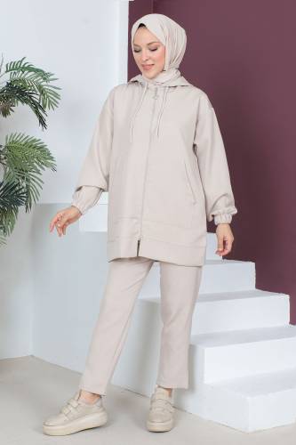Kapşonlu Cepli İkili Takım TSD230519 Bej - 4