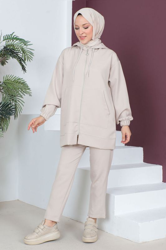 Kapşonlu Cepli İkili Takım TSD230519 Bej - 4